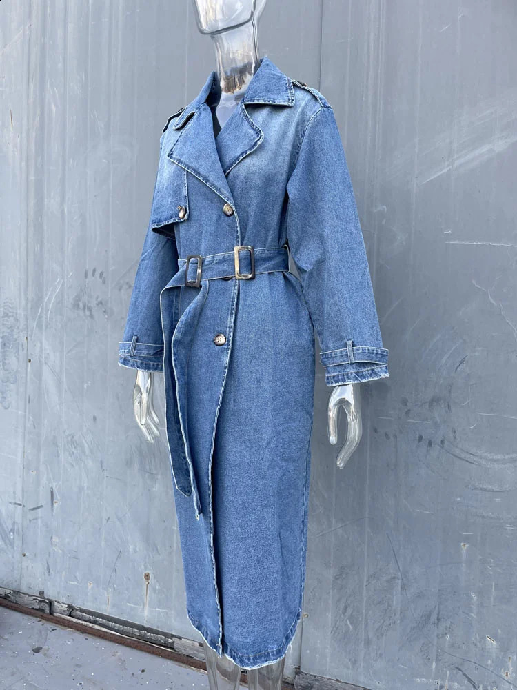 Womens long denim trench coat waist belt ultrathin jeans womens Jaqueta blue jacket 240826