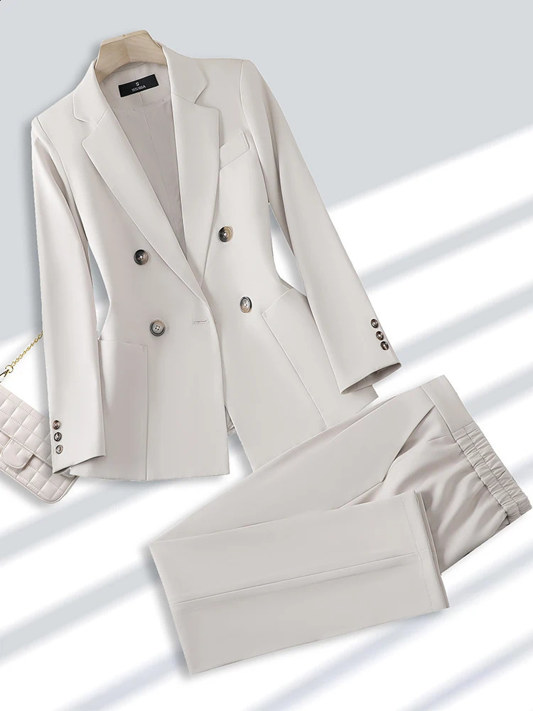 Fashion Ladies Pant Suit Women Office Business Work Wear Blazer And Trouser Beige Black Khaki 2 Piece Set With Pocket 240826