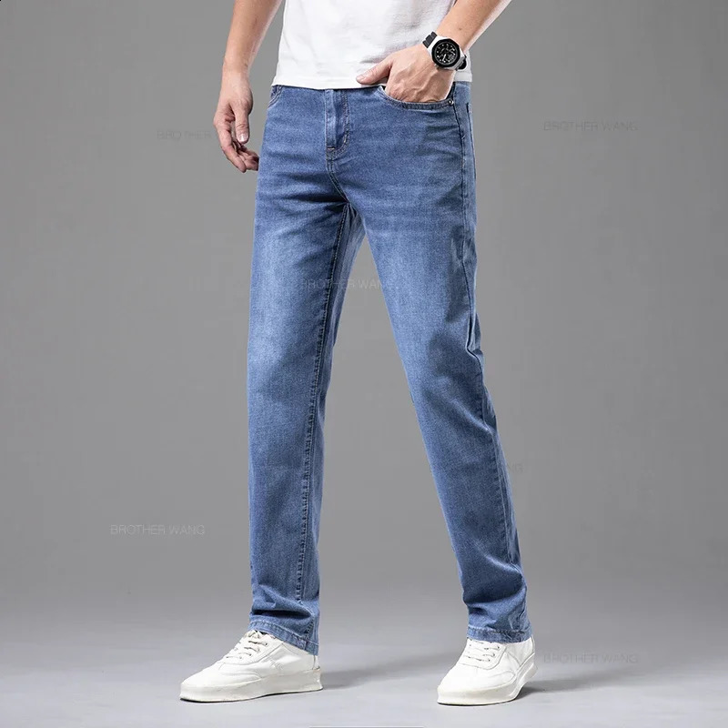 Summer Thin Mens Elastic Cotton Jeans Fashion Gray Comfortable Business Straight Casual Pants Male Clothes Trousers 240826