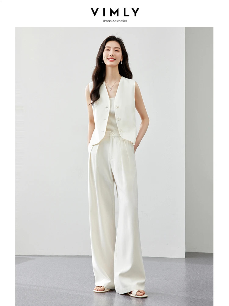 VIMLY Womens Summer Solid and Stripes Blazers Suits Sleeveless Elegant Cropped Blazer VestWide-Leg Pants 2Piece Set M7357 240826