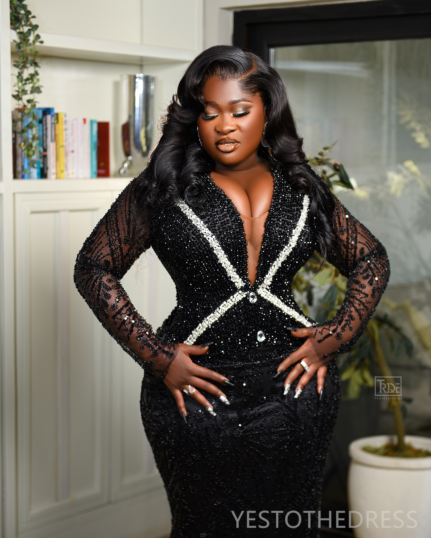 R&W 2024 Plus Size Black Prom For Special Ocns Evening Dresses V Neck Sheath Long Sleeves Beaded Lace Birthday Dress Second Reception Gowns Vestido AM