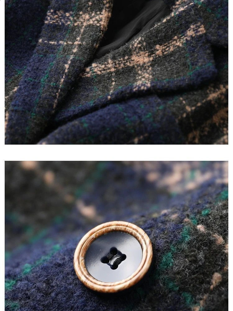 Retro womens winter coat with collar and double chest fashion jacket checkered patchwork wool 240826
