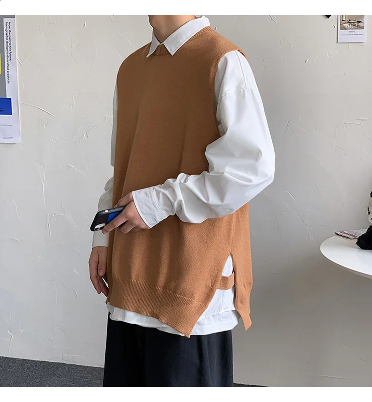 Men Spring Autumn Fashion Solid Color Sweater Vest Mens Korean Loose Sleeveless Tops Male O-neck Knitted Waistcoat K484 240826