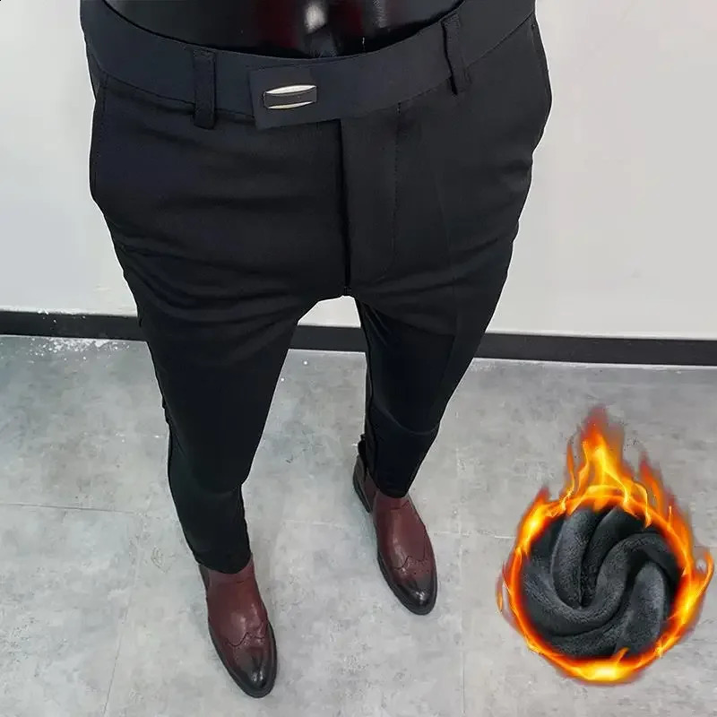 Winter Woolen Men Pants Thicken Keep Warm Pantalones Hombre Solid Casual Formal Trousers Dress Slim Suit Pants Men Clothing 240827
