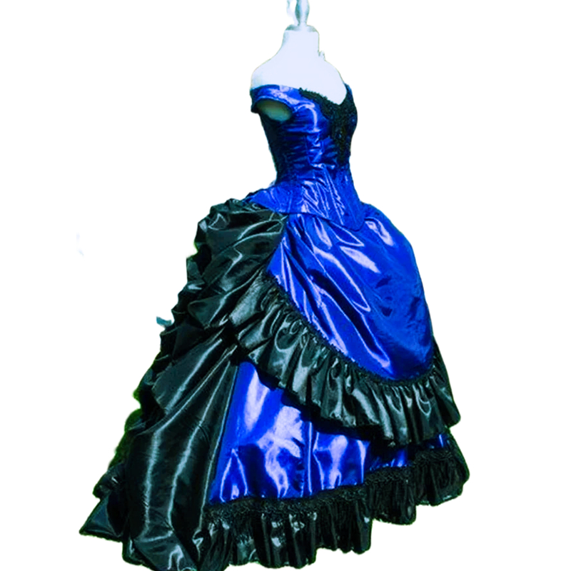 Royal Blue And Black Gothic Prom Dresses Ruched Pleats Satin Long Vintage Evening Dress Victorian Corset Special Occasion Party Gown For Women 2024