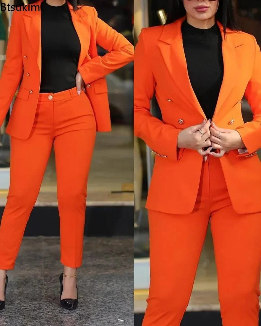 Womens Office Business Pant Sets 2PCS Solid Double Breasted Blazers Jacket and Pants Sets Two Pieces Female Pant Suits Set 240826