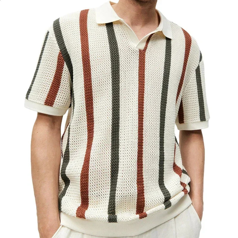Summer Breathable Hollow Out Knit T Shirt Men Vintage Striped Print Knitted Polo Shirt Beach Casual Lapel Short Sleeve Tops Male 240827