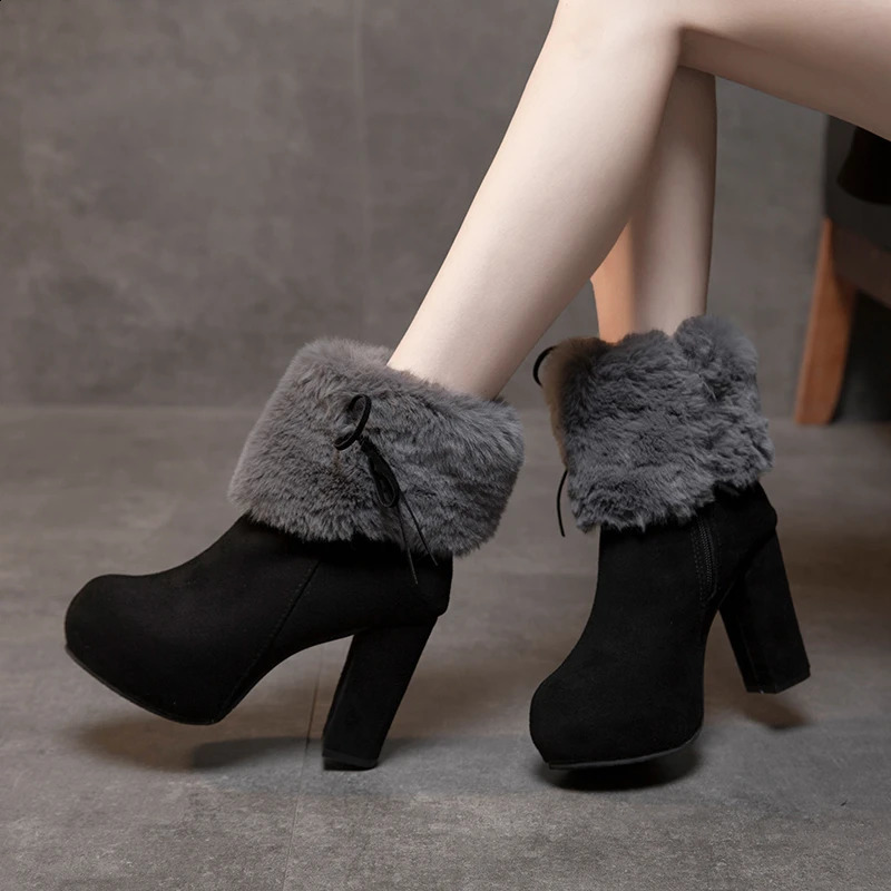 2024 Winter Shoes Womens High Heels Fur Warm Shoes Womens Fashion Shoes Winter High Heels Super Square High Heels 240827