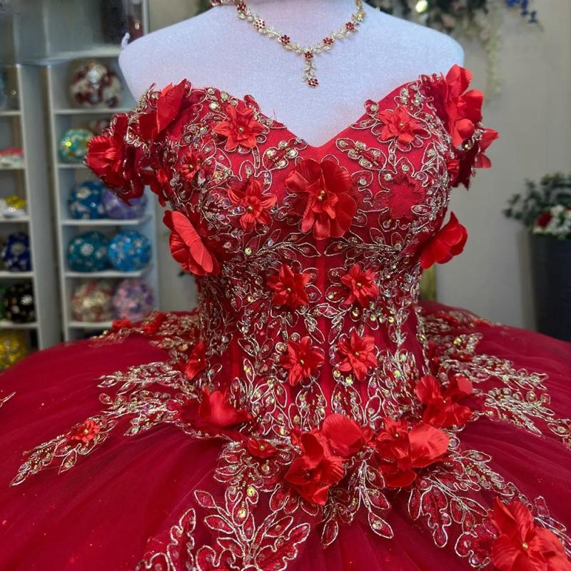 Red Off The Shoulder 3D wers Ball Gown Quinceanera Dresses Ruffles Appliques Lace Beads Tull Vestidos De 15 Anos Sweet 16 Dress