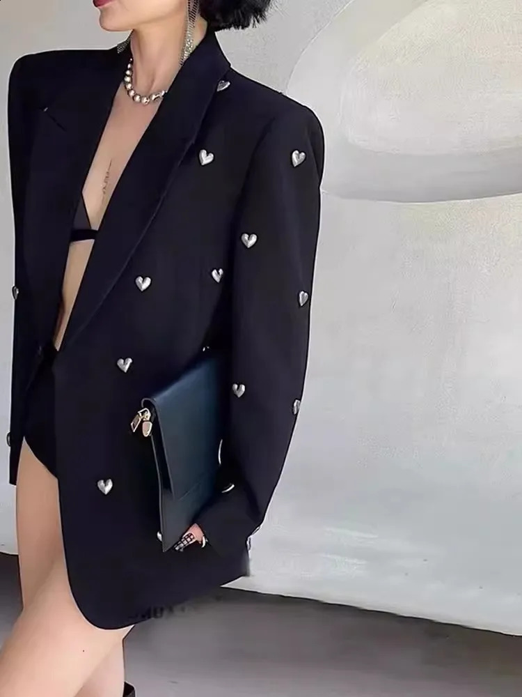 Spring Autumn Black Heavy Industry Dia-encrusted Suit Jacket Female High-end Sense Minority Street Blazer 240826