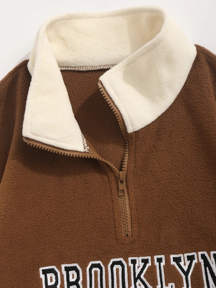 Color Lock Turtle Neck Mens Sweatshirt with Embroidered Polar Wool Lined Quarter Zipper Pull Up Z5073222 240827