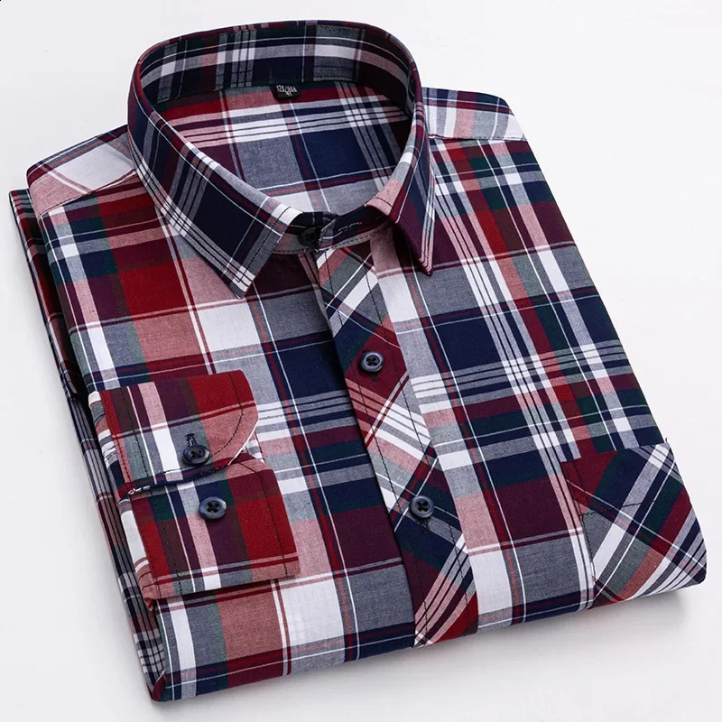Men Classic Plaid Long Sleeve Shirts Single Pocket Comfortable Business Casual Cotton Shirt Slim Fit Button Workwear Shirts 240826