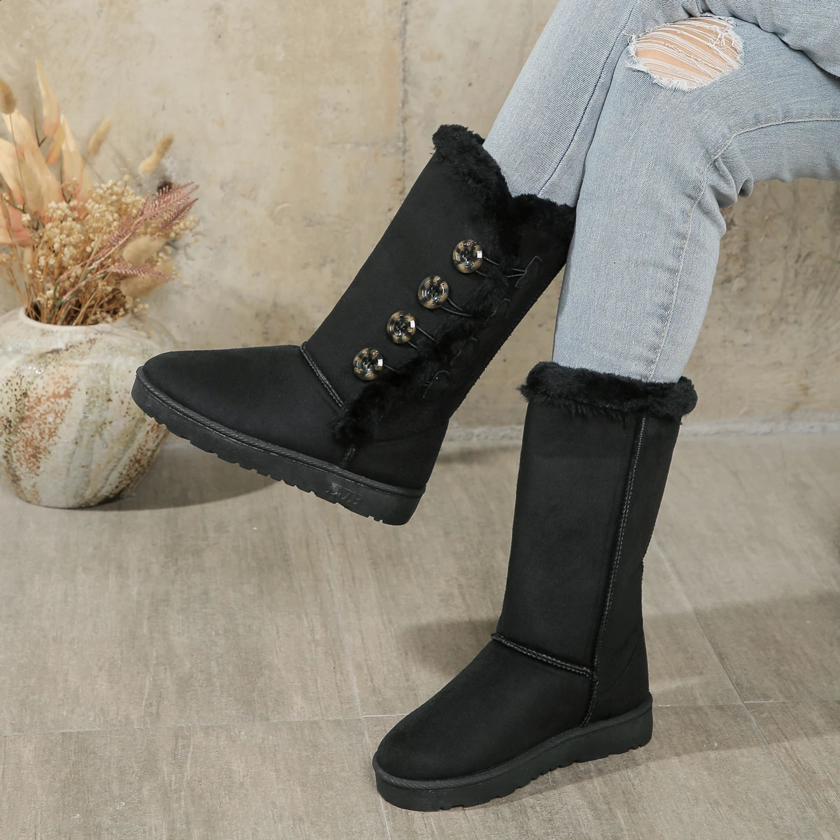 Womens Faux Suede Fur Long Boots Autumn Waterproof Non-slip Mid Calf Boots Casual Comfort Platform Ladies Plush Shoes Botas 240830