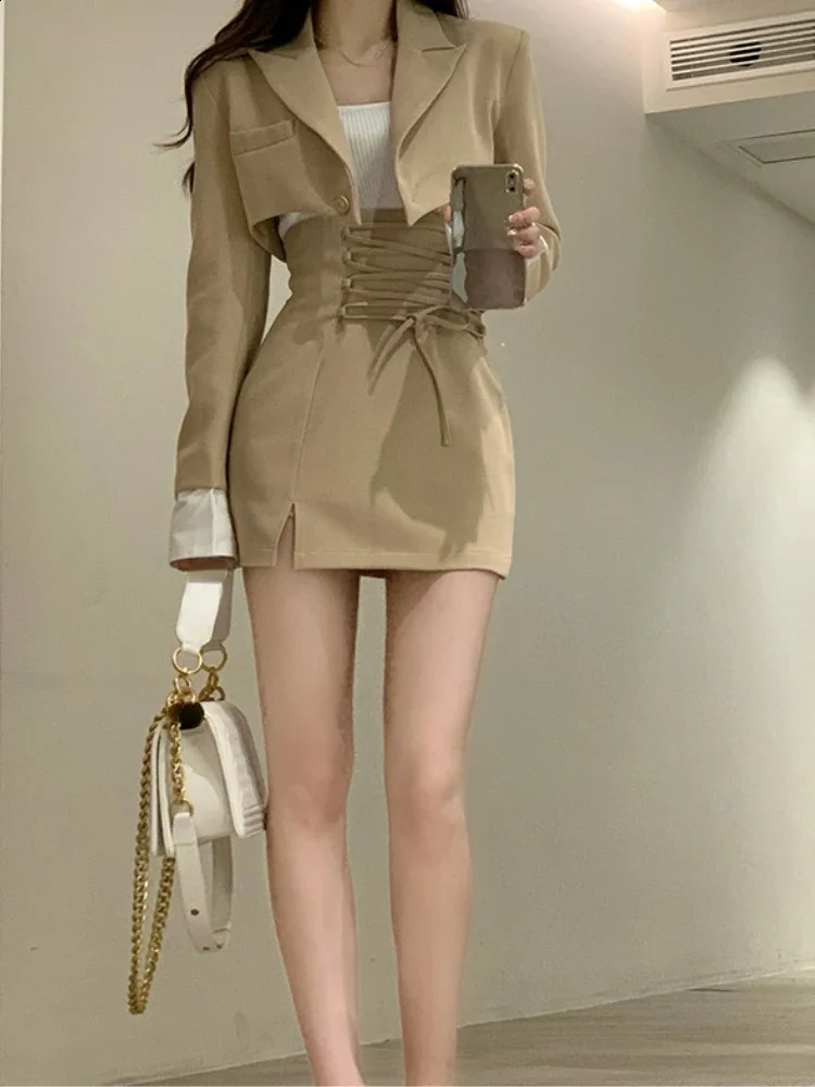 2 Piece Dress Set Women Casual Y2k Crop Tops Elegant Jacket Coats Mini Skirts Korean Fashion Suits Spring Blazers Dress 240826