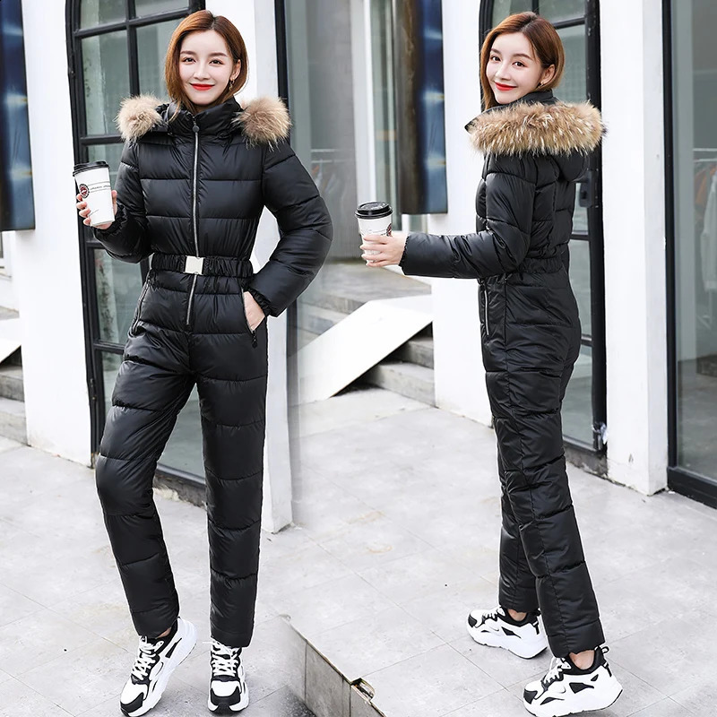 One piece ski suit womens jacket winter jumpsuit Parka hooded cotton bodysuit zipper 240826
