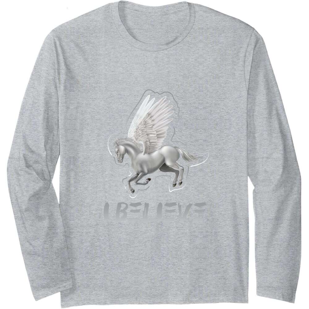 Long Sleeve Shirts For Men Sweatshirt I Believe Flying White Pegasus Unicorn Funny Gift Tee Streetwear Casual Tops Free shipping