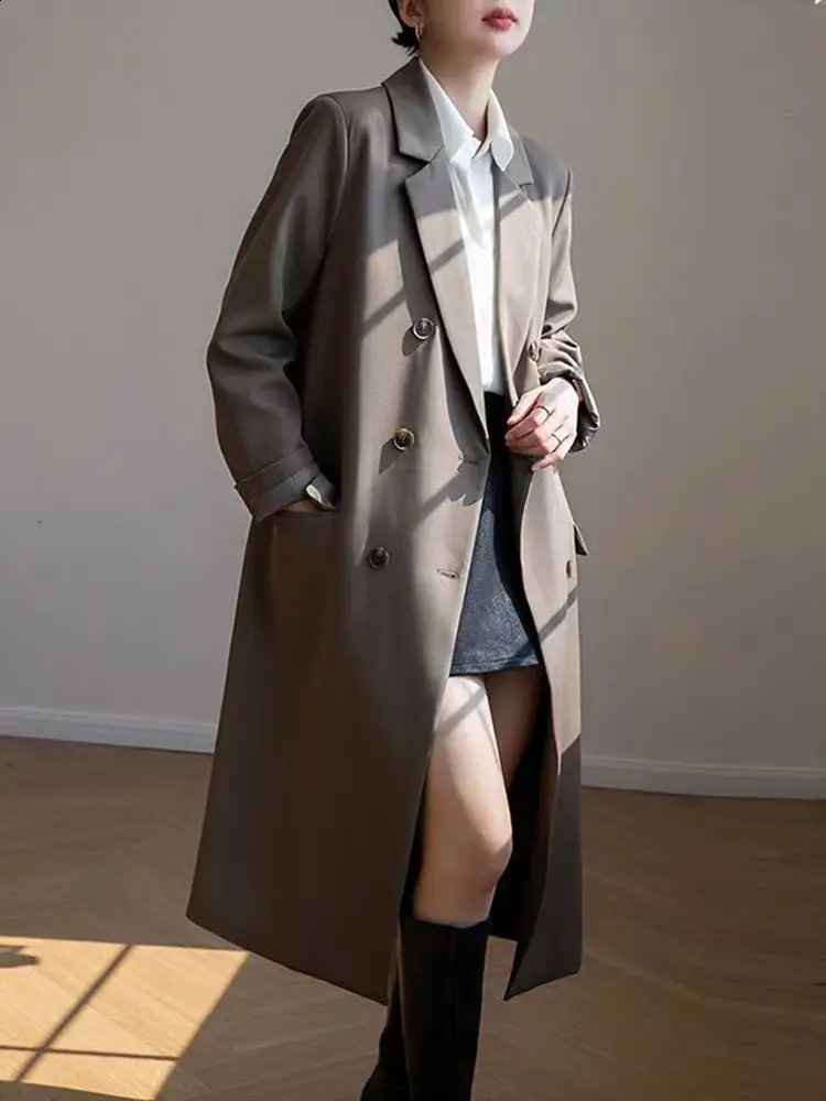 Casual Double Chest Long Jacket Trench Coat Korean Fashion Collar Windproof Retro Office Womens 240826