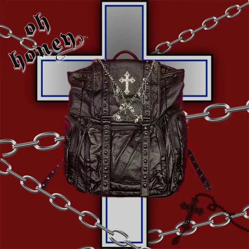 MBTI Goth Y2k Backpacks for Women Black Punk Rivet Chain School Students Bag Pu Leather Cross Skeleton Fashion Female 240827