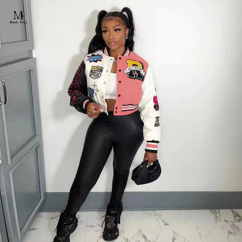Street Women Print Varsity Jacket Baseball Uniform Long Sleeve Patchwork Y2K Clothes Fashion Autumn Winter Vintage Coat 240827