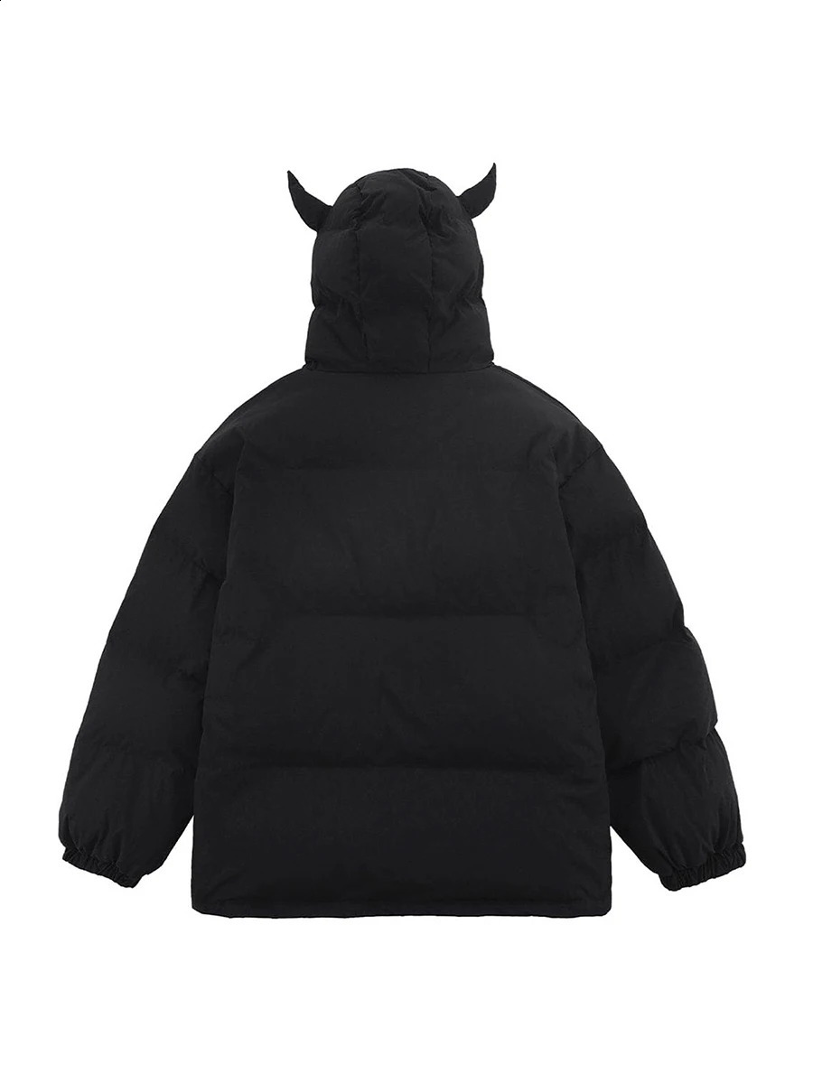 Womens Devil Horn Inflatable Jacket Winter Warm Quilted Coat Long Sleeve Zipper Coat with Hoodie Windproof and Warm Chiffon Coat 240827