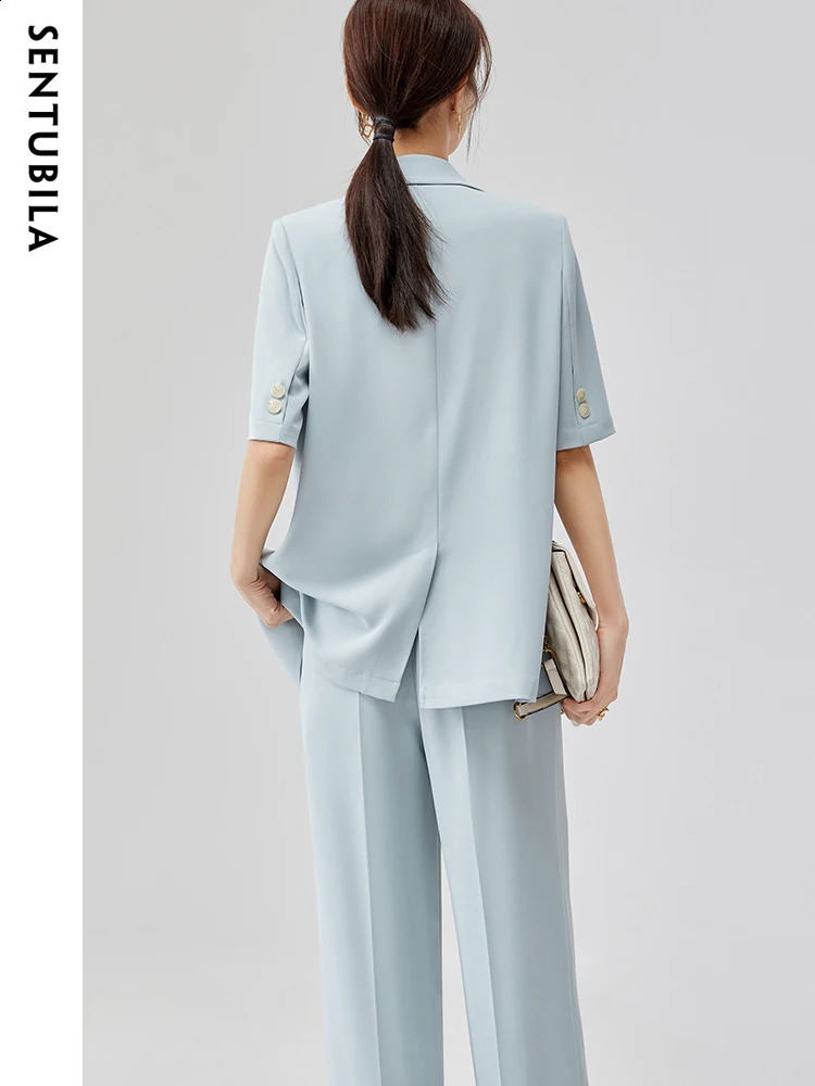 SENTUBILA Blazer Two Piece Pants Sets for Women Summer Office Ladies Short Sleeve Suit Jacket Baggy Straight Pant Set 131Z47112 240826