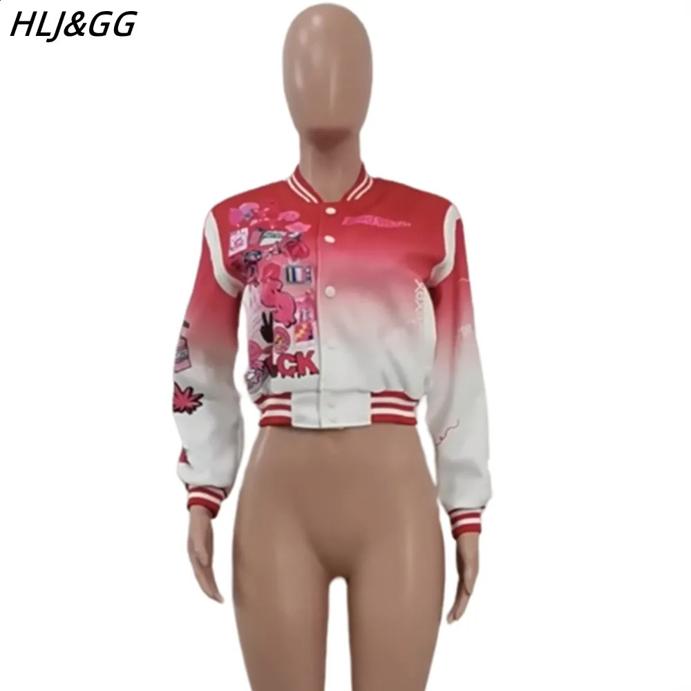 HLJ GG Fashion Streetwear Women Graffiti Printing Button Long Sleeve Coats Casual Gradual Loose Baseball Jacket Clothes 240827