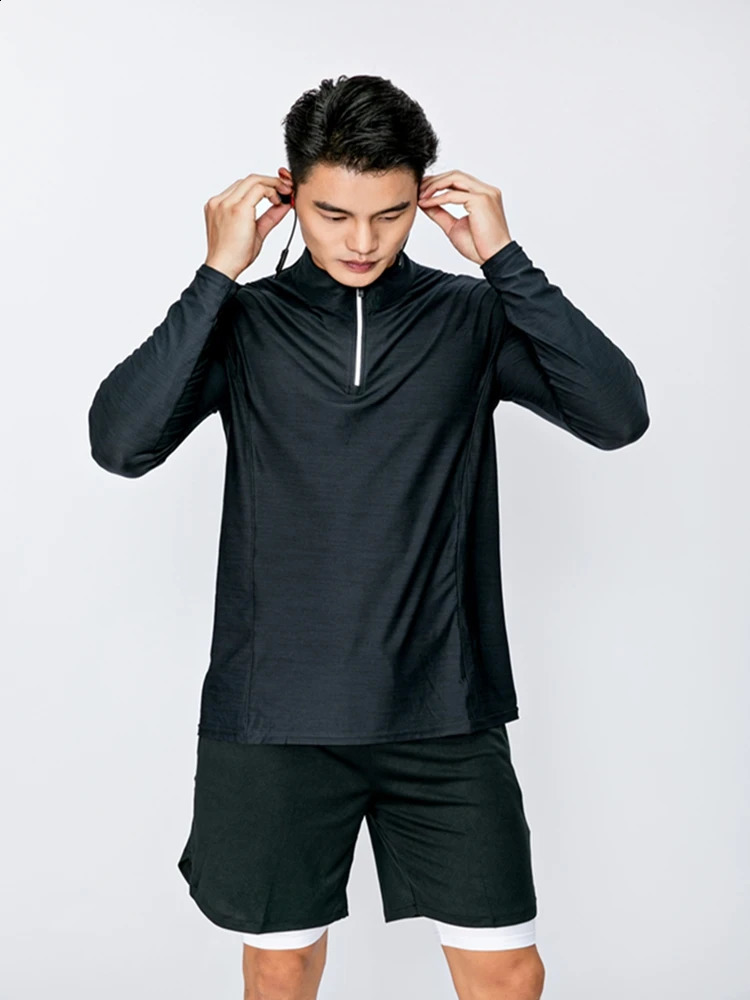 mens long sleeved Tshirt for sports running quick drying breathable training half zipper gym slimming sportswear 240827