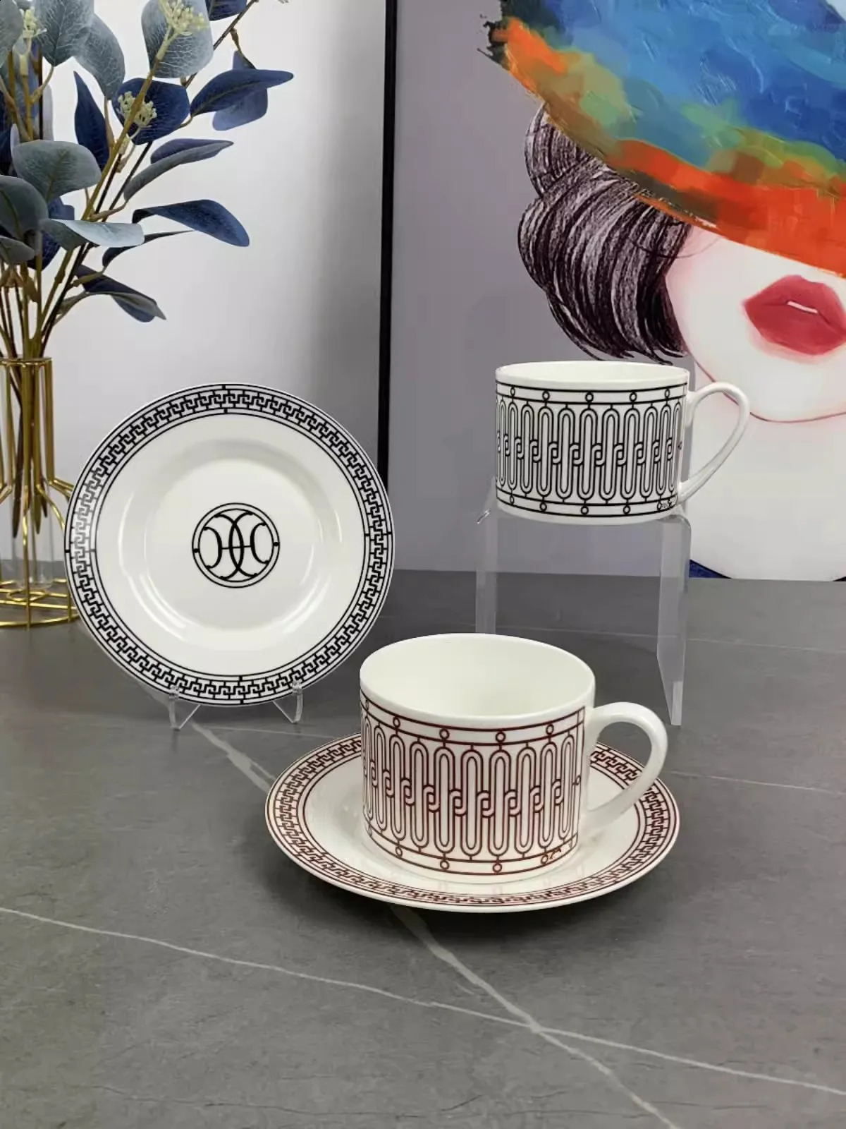 Bone China Black Line Coffee Cup Black Bottom Tableware Set Western Dish Rice Bowl Soup Pot Spoon Decoration Coffee Set Gift Box 240827