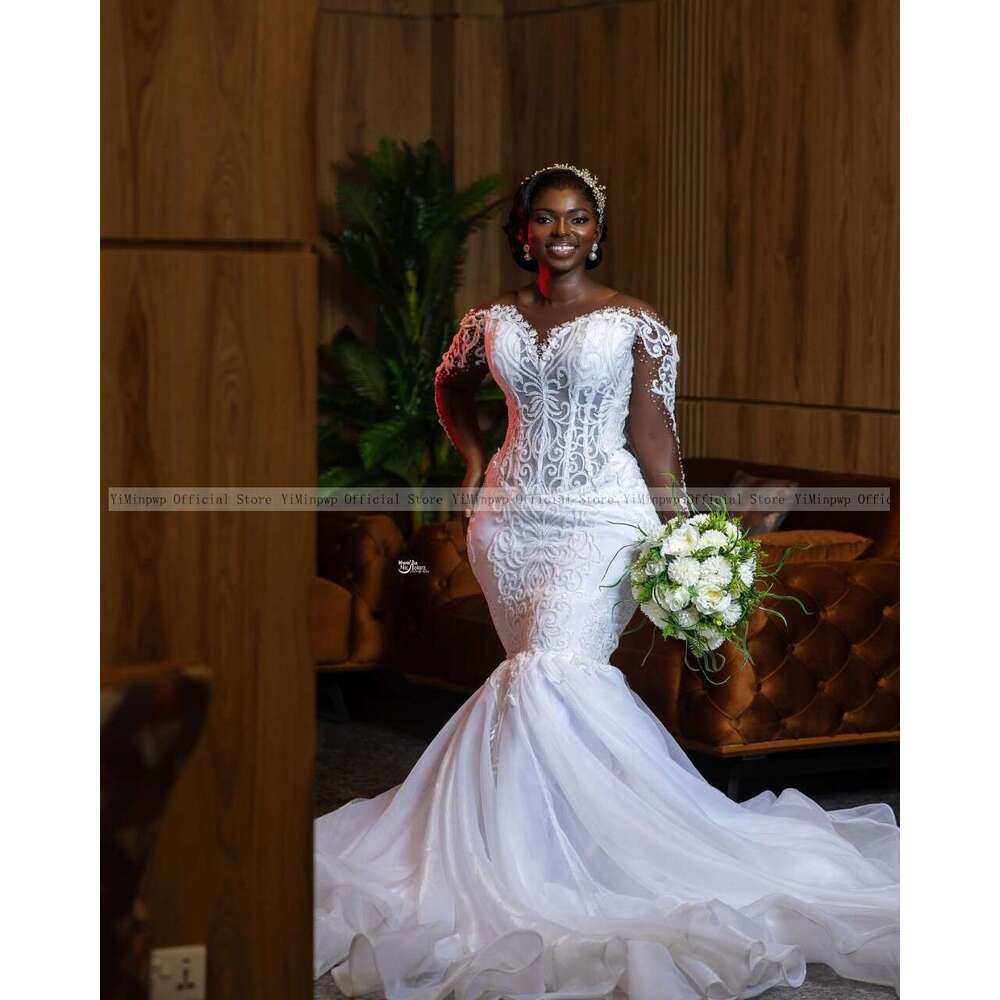 White Mermaid Wedding Dresses for Bride Long Sleeve Illusion Lace Tulle Beading Garden African Bridal Gowns