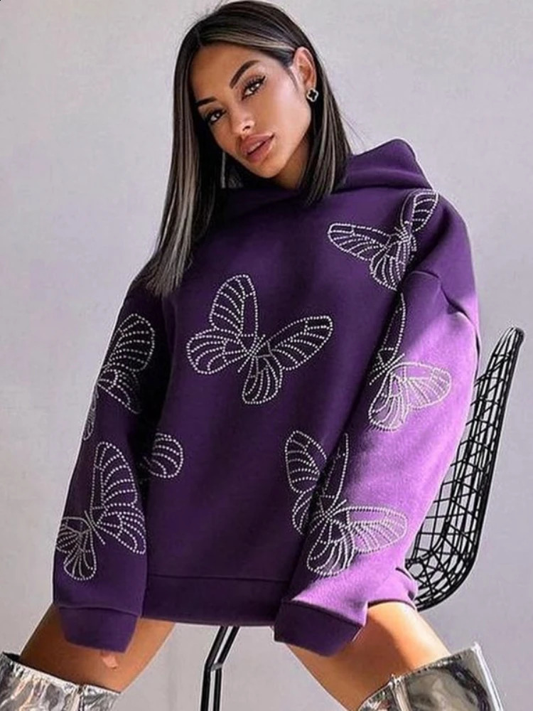 Butterfly Drilling Hoodies Casual Streetwear Women Long Sleeve Sweatshirt Loose Aesthetic Clothes Pullover Sudaderas Para Mujer 240827