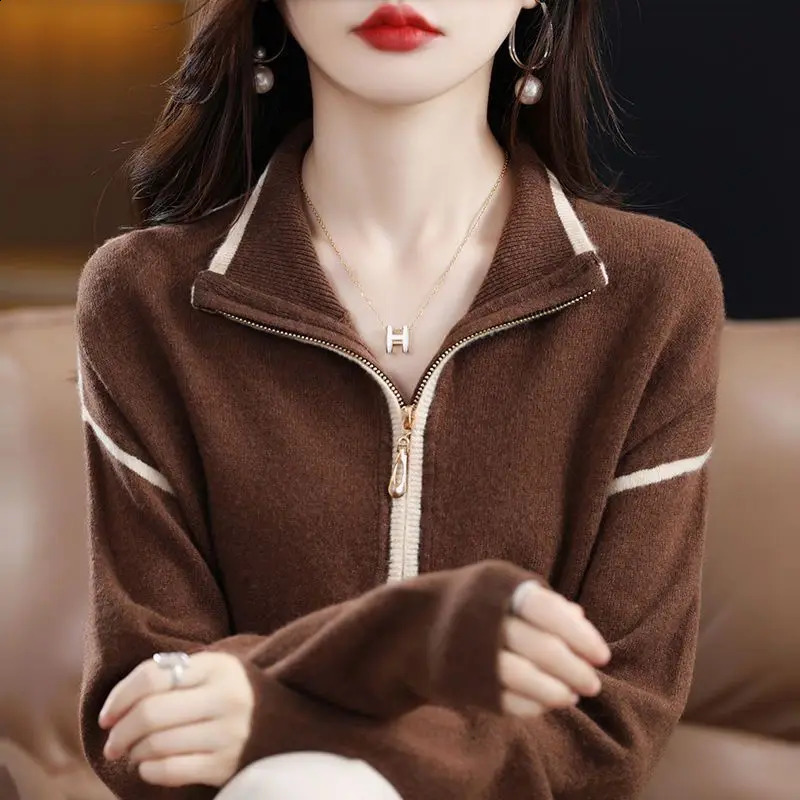 Streetwear Fashion Zipper Plain Collar Knitted Sweater Spring and Autumn Womens Wear Long Sleeve Loose Casual Zipper 240827