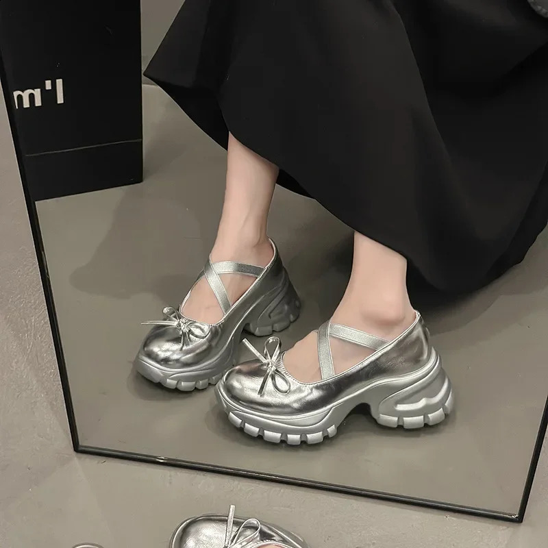 Thick soled silver shoes bow high pairing skills ballet shoes multifunctional single shoes 240827