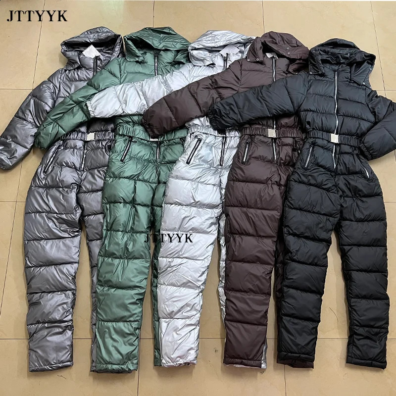 One piece ski suit womens jacket winter jumpsuit Parka hooded cotton bodysuit zipper 240826