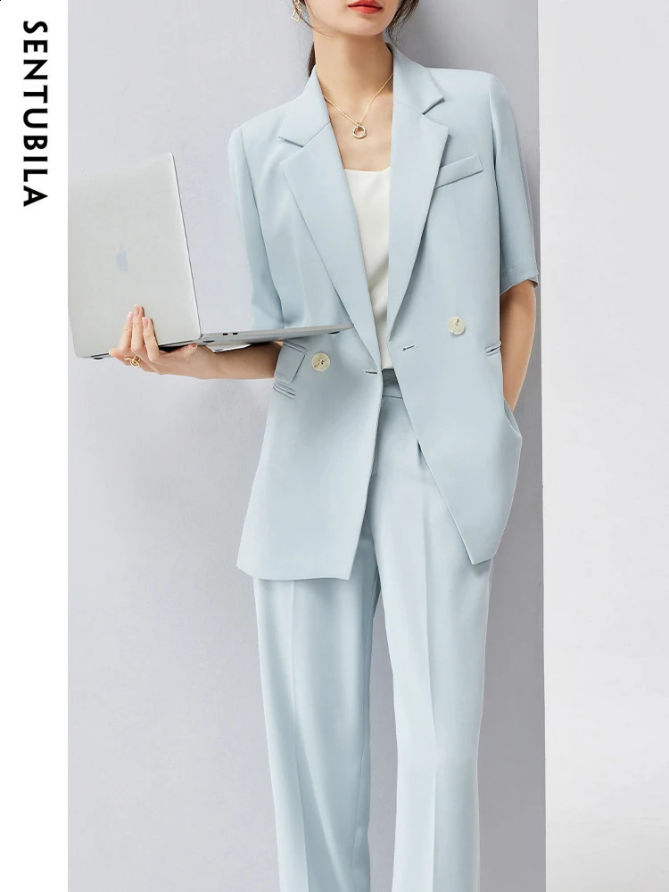 SENTUBILA Blazer Two Piece Pants Sets for Women Summer Office Ladies Short Sleeve Suit Jacket Baggy Straight Pant Set 131Z47112 240826