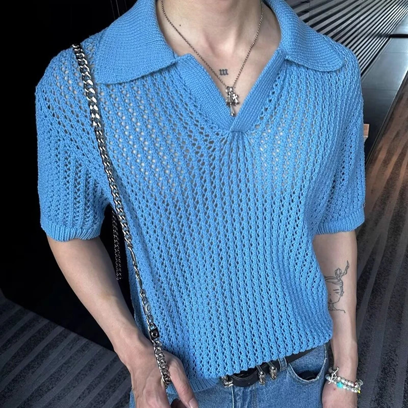 Fashion Turn-down Collar Knitted Polo Shirt Men Casual Short Sleeve Hollow Out Breathable Knit Tops Summer Mens Knitting Clothes 240827