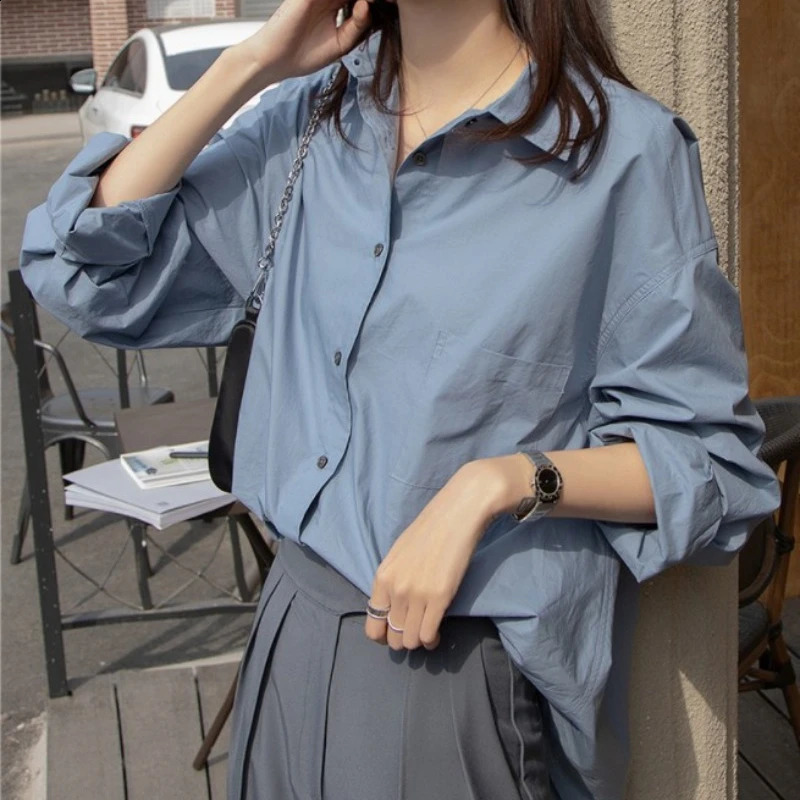 Korean Style Long-sleeved Shirt Ladies Spring Lazy Retro Green Blouse Womens Clothes Tops Casual Female Solid Simple Shirt 240826