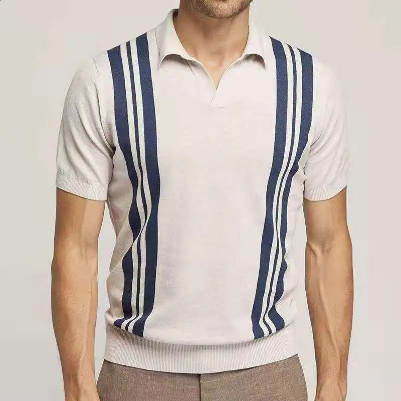 Vintage Polo Shirt Men Stripe Print Patchwork Knitting Casual Lapel Pullover Summer Fashion Men Short Sleeve Slim Polo Shirt 240827