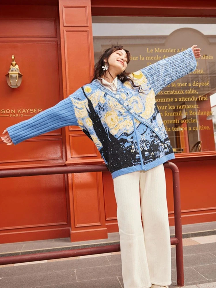 Vintage French Van Gogh Art Button Knitted Cardigan Womens Haruku Patch Work Aesthetics Jacket Pullover Kawaii Sweater Coat Y K