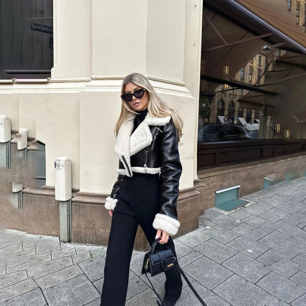 Autumn and winter European and American double-sided loose fitting zipper crop jacket womens leather one-piece jacket 240827