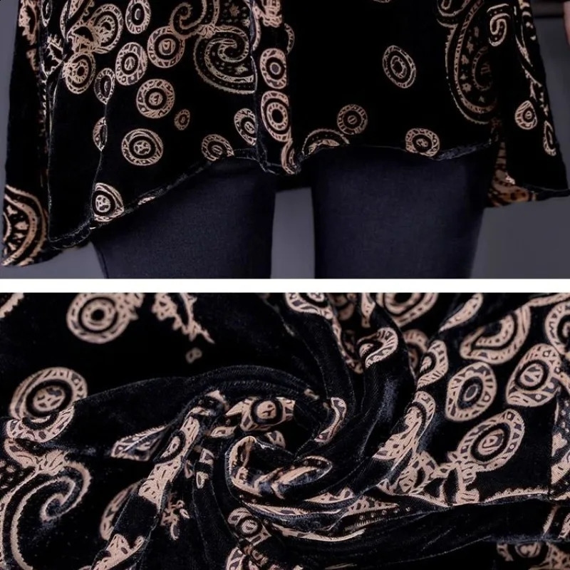 Womens round neck gold velvet T-shirt autumn/winter print polka dot long sleeved loose zipper top 240826