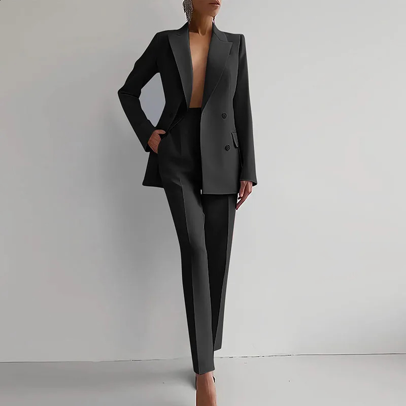 Elegant Career Outfits Fashion Lapel Collar Button Blazer Pencil Pants Sets Women Casual Long Sleeve Solid 2Pc Suits 240826