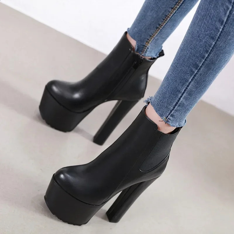 16CM Thick High Heels Womens Platform Elastic Band Side Zipper Chelsea Boots Black Ankle Boots Zapatos Para Mujeres 240827