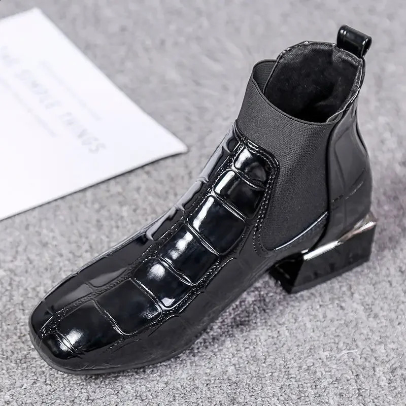 Chic Women Boots Shiny Pu Leather Autumn Winter Shoes Spuare Toe Block Heels Ankle Boots Female Botas Zapatos Mujer 240826