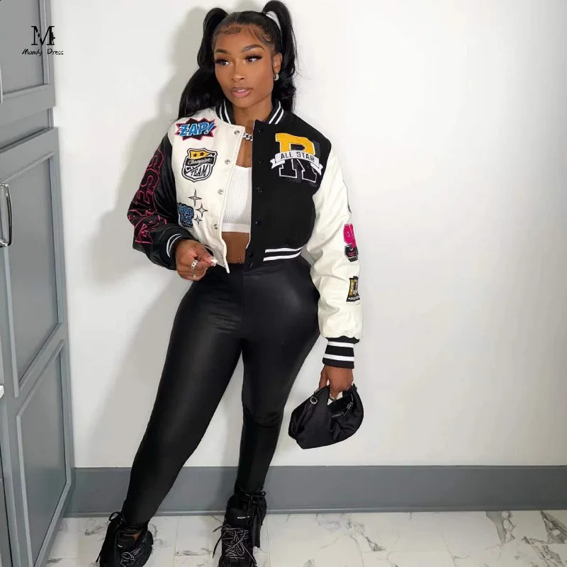 Street Women Print Varsity Jacket Baseball Uniform Long Sleeve Patchwork Y2K Clothes Fashion Autumn Winter Vintage Coat 240827