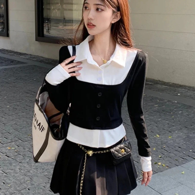Womens basic polo neck T-shirt suitable for young and elegant womens long sleeved polyester Y2k fashionable style with high-quality collar 240827