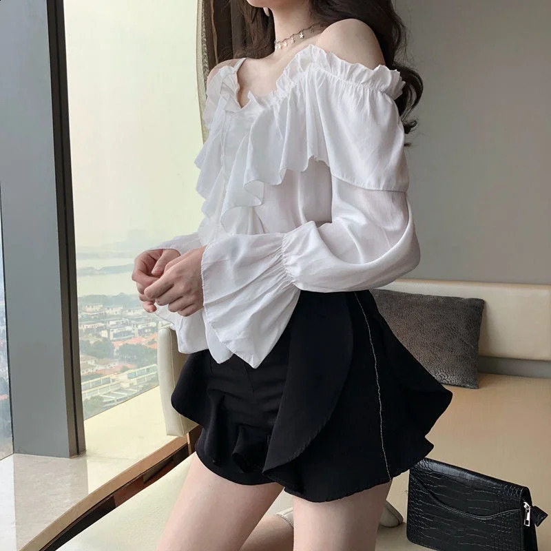 Off Shoulder Blouses Women Ruffles Sexy Party Stylish Ulzzang Solid Feminine Leisure All-match Spring Soft Ins 240827
