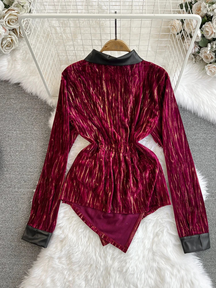 Spring and autumn fashion long sleeved polo neck ultra-thin slim fit irregular hem shiny silk shirt womens top Y2k 240827