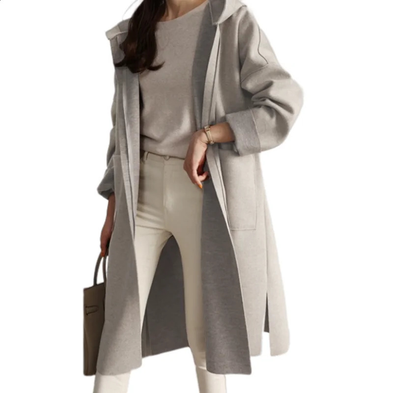 Large hooded sweatshirt for women windproof machine casual loose swing door collar top Trenchcoat laminated wool coat Spring and Autumn S3XL 240826
