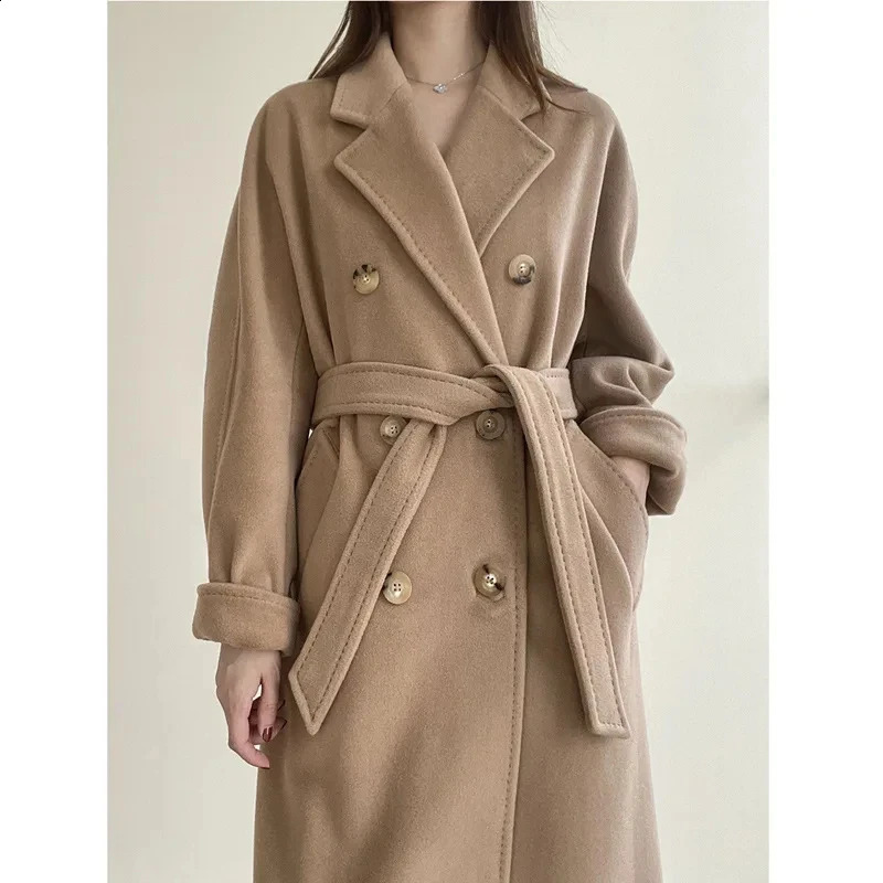 High end winter cashmere coat for women camel colored long black wool classic double breasted lace gray red 240826