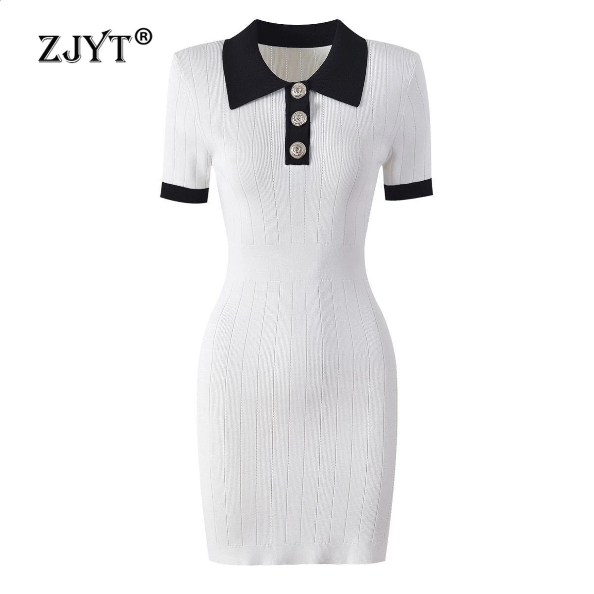 ZJYT Womens Summer Short sleeved Knitted Dress Elegant Collar Slimming Coat Vestidos Femininos Fashion 240826